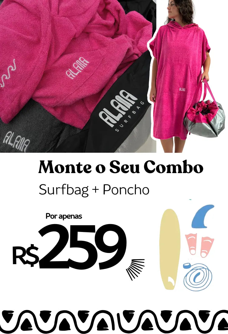 kit de surf rosa poncho e surfbag wetbag