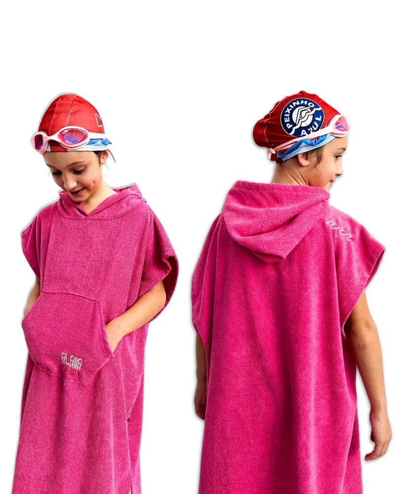 poncho atoalhado infantil para natação e praia rosa 