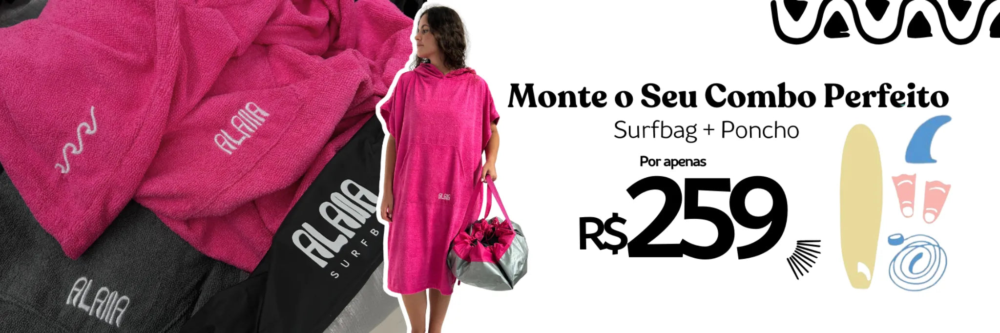 kit surfista poncho atoalhado e surfbag pós surf rosa