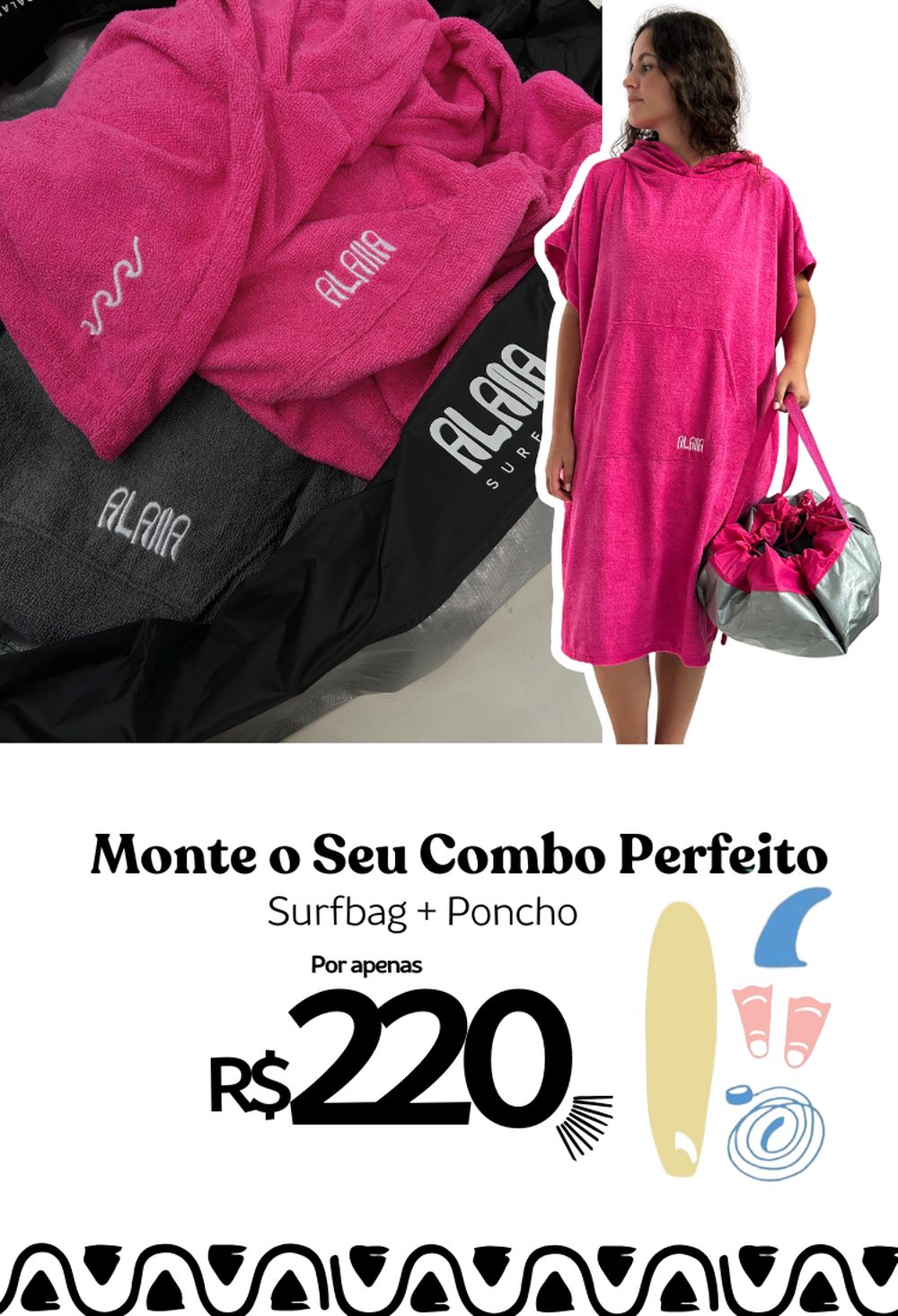 combo surfbag e poncho alaia surf shop oferta especial pós surf
