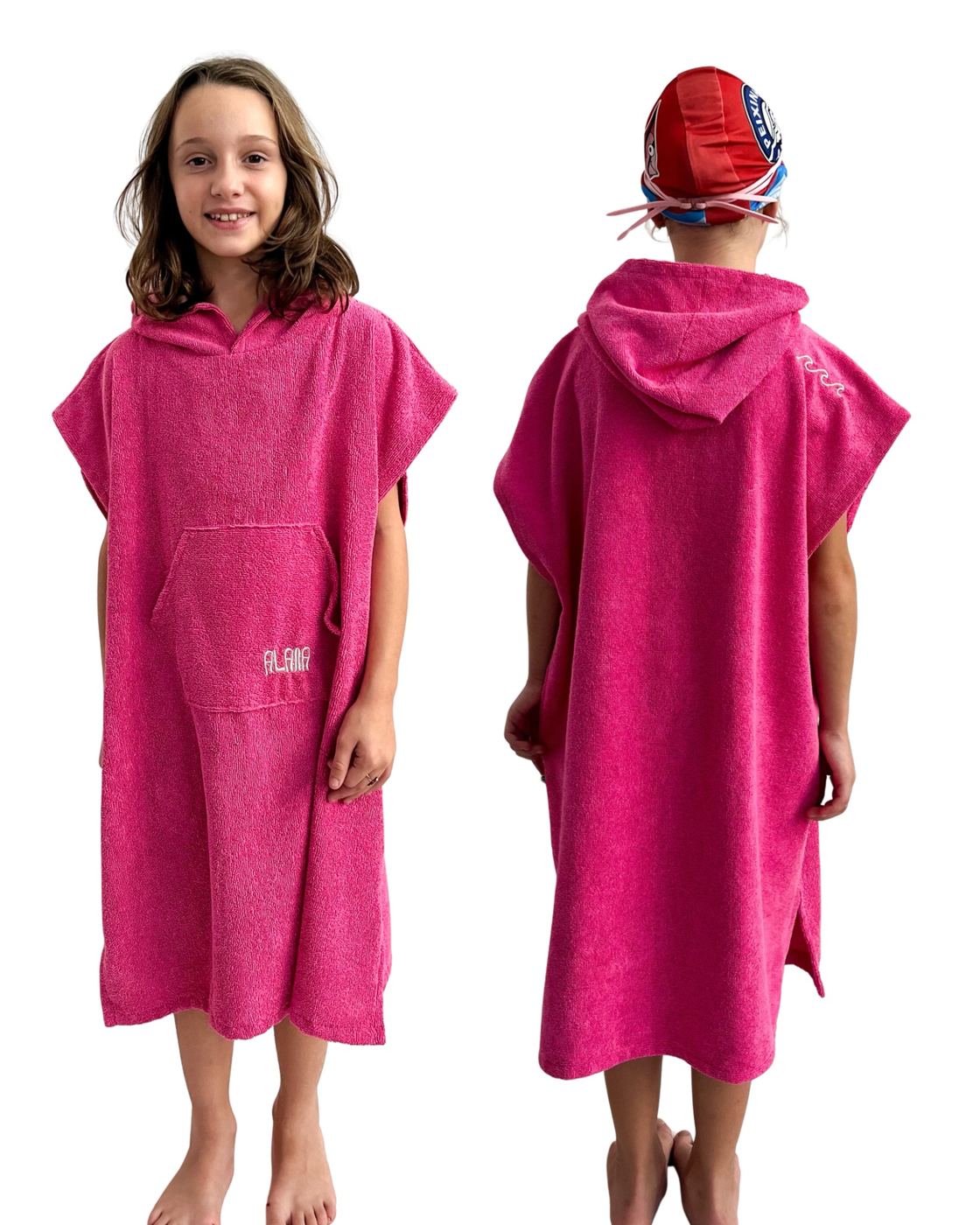 Poncho atoalhado infantil rosa com bolso e capuz para natação