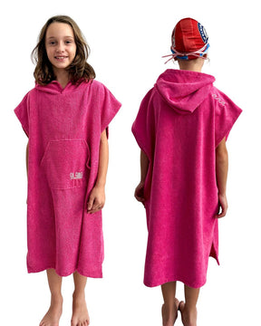 Poncho atoalhado infantil rosa com bolso e capuz para natação